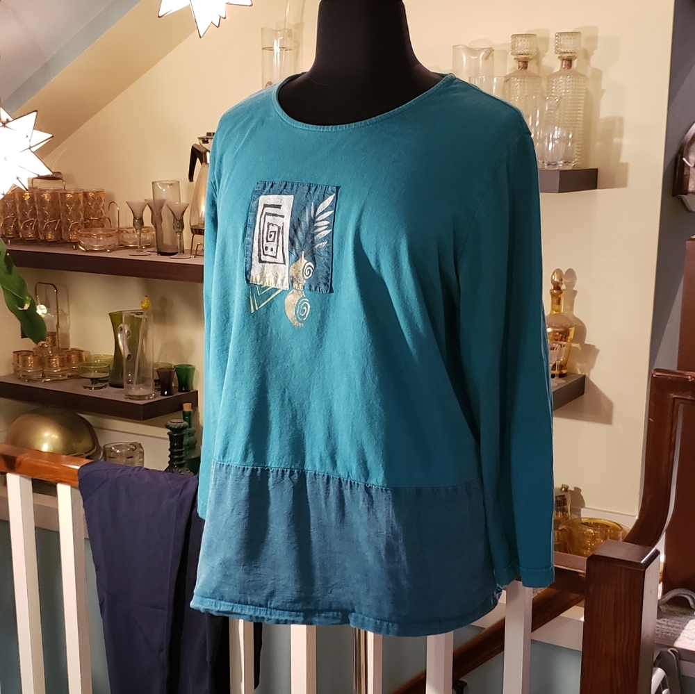 Fenini Womans Two Tone Teal With Floral Screen Print Tunic